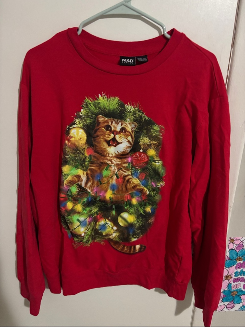 Men's M MAD Engine Orange Cat in Christmas Tree Graphic Pullover Long Sleeve Red
